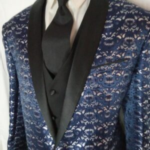 Blue & Silver Three Piece  Tuxedo with Black Vest & Pants - Super 100 Wool