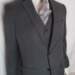 Custom Grey Three Piece Suit with Blue Pinstripes - Size: 40L
